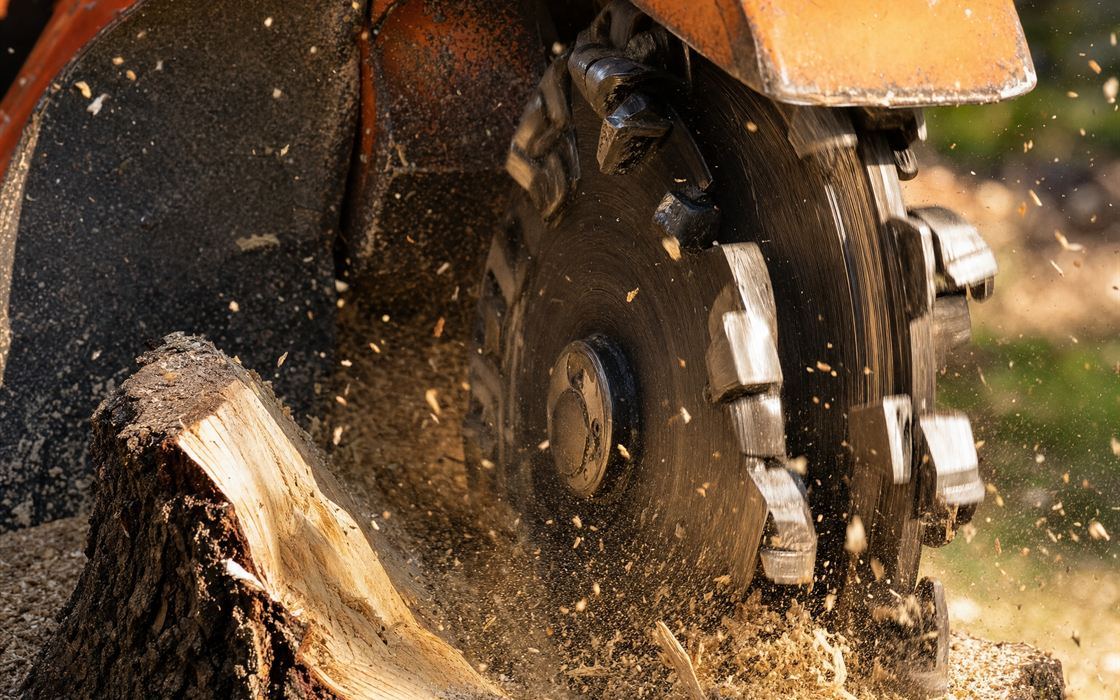 A stump grinder's cutting wheel biting into a tree stump, wood chips flying