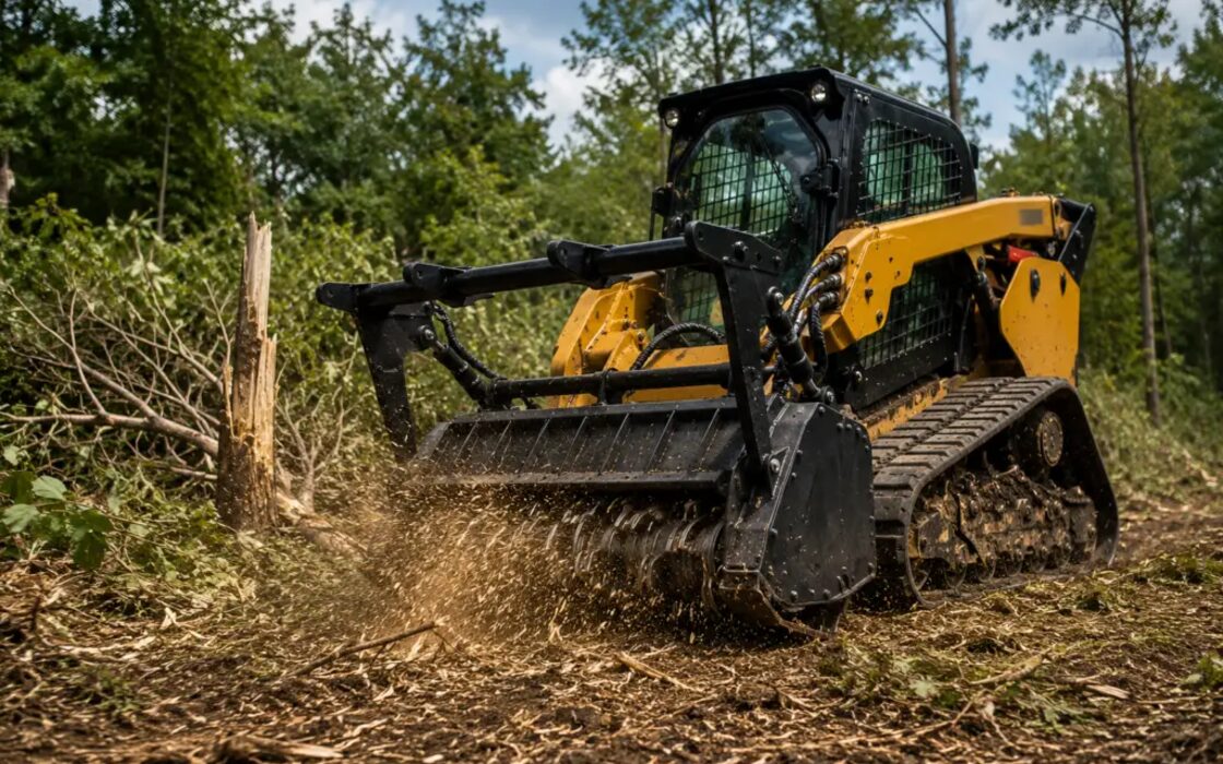 A tracked machine with a forestry mulching head cutting through brush, wood chips flying