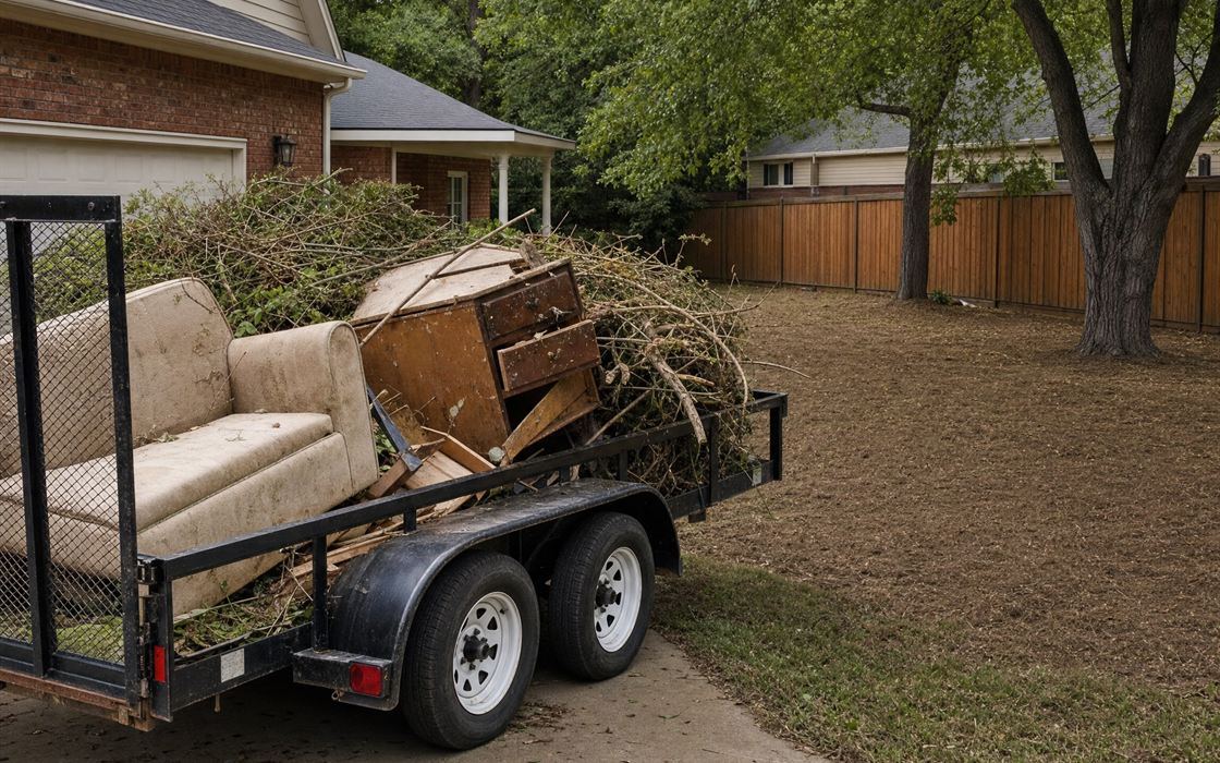 A trailer loaded with an old couch, a dresser and brush beside a cleared yard